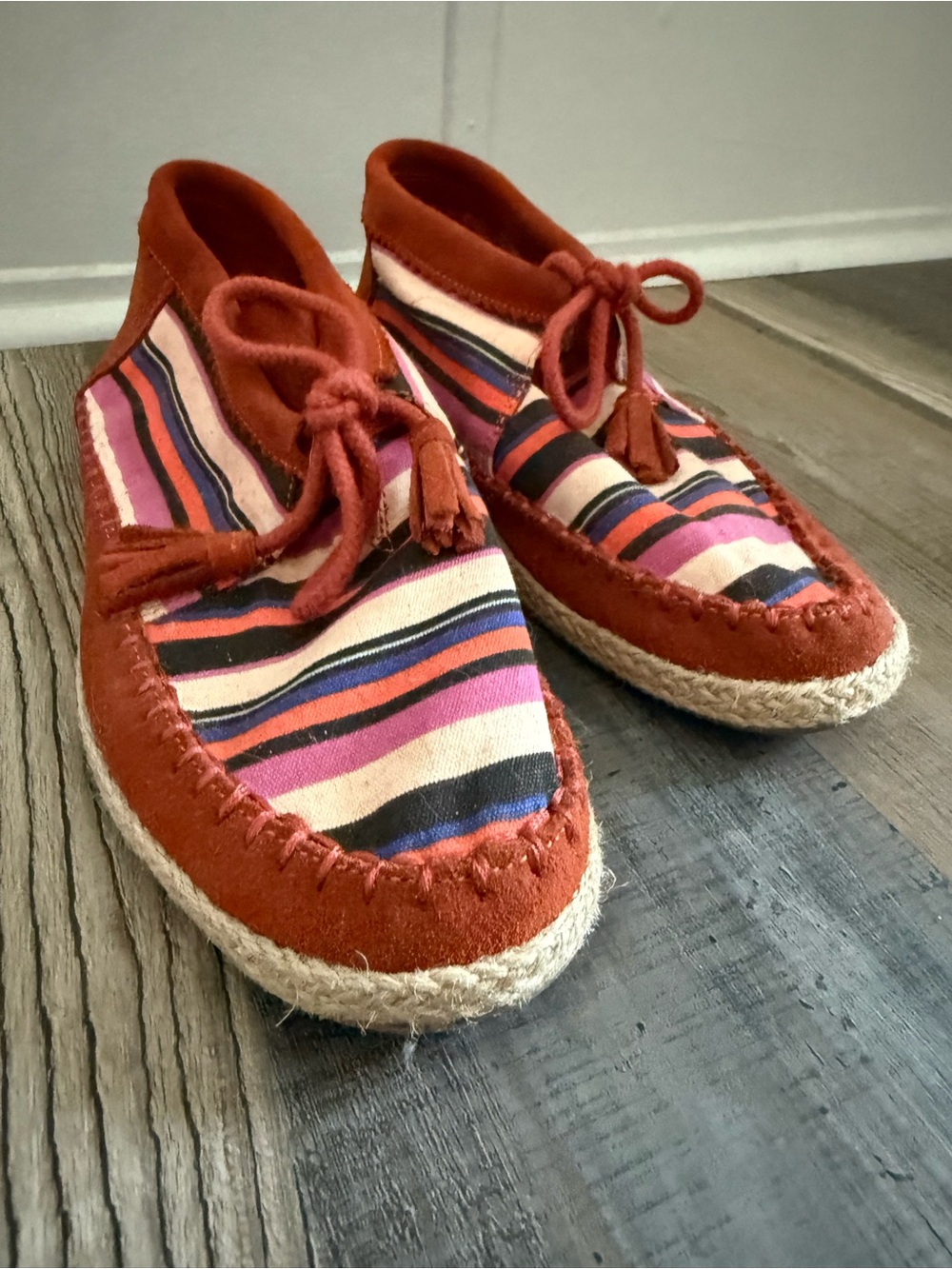 Toms Rust Suede & Multicolor Striped Moccasin Espadrille